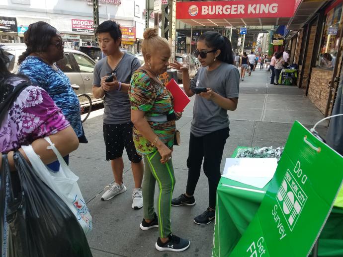Street Ambassadors speak with local residents on Broadway and Flushing near the JMZ subway stop.