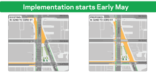 The image reads "Implementation starts Early May" on top and below it shows the current conditions of Herald & Greeley Squares on the left and the proposed conditions on the right. 