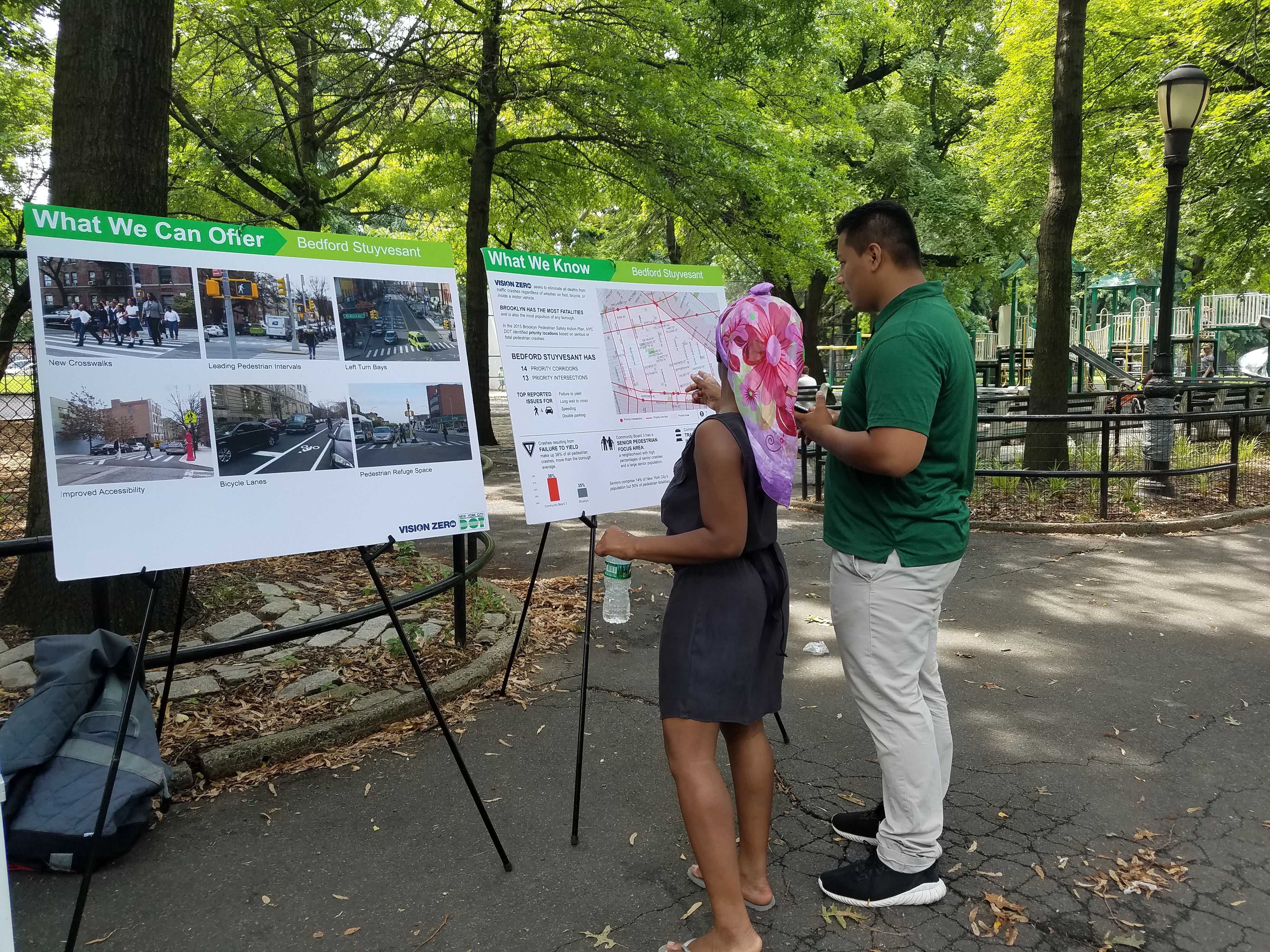 A Street Ambassador and Bed Stuy resident discuss transportation safety issues in Herbert Von King Park. 