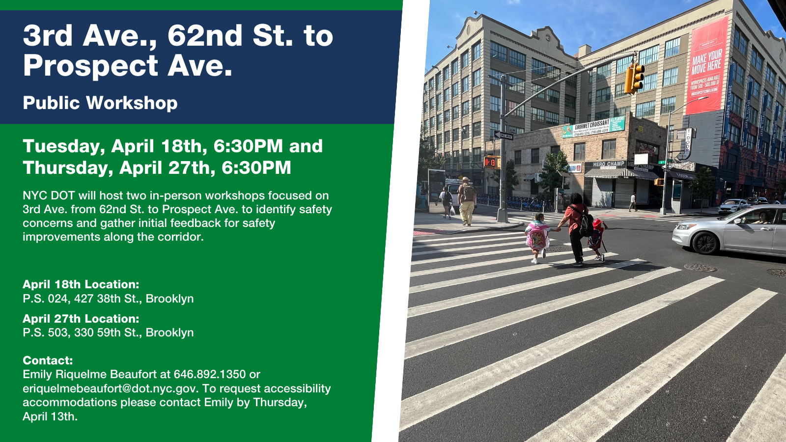 Flyer advertising 3rd Ave Safety Improvement community workshop, April 18 and April 27