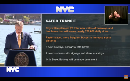 Screen capture of Mayor de Blasio's June 8, 2020 broadcasted press conference announcing the Better Buses Restart