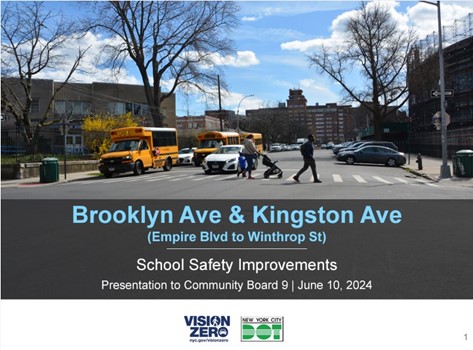 Cover slide of the Community Board 9 presentation titled Brooklyn Ave and Kingston Ave School Safety Improvements.