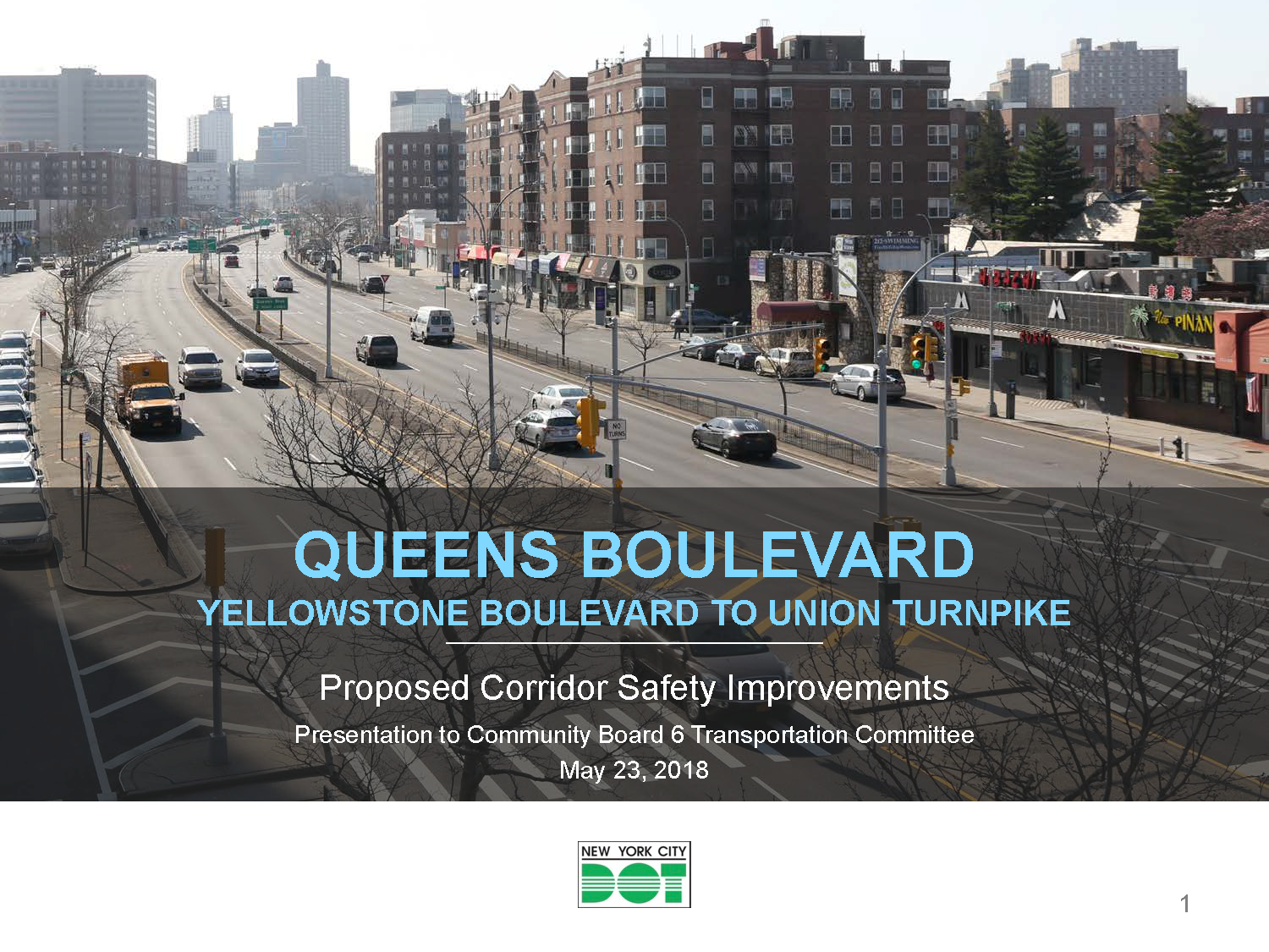 Cover Slide of Queens CB 6 Presentation, showing an aerial view of Queens Blvd & 75th Ave 