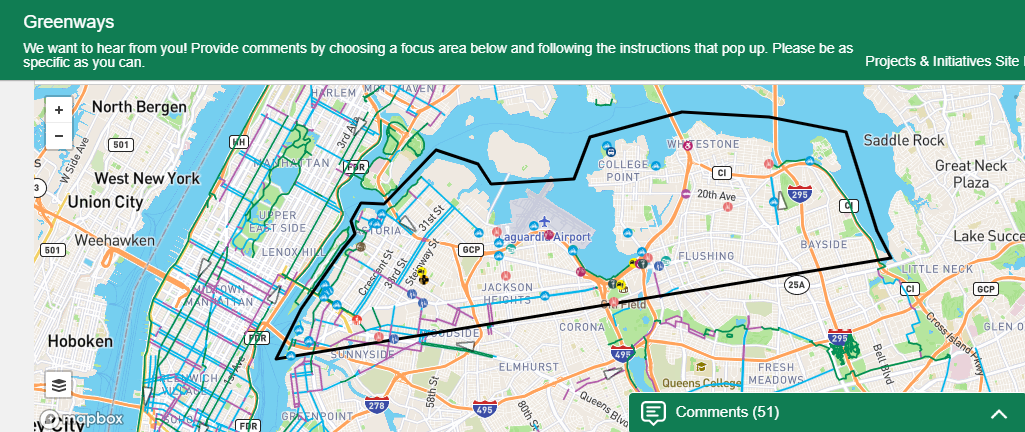 An image of the map used to submit feedback for the Queens Waterfront Greenway.