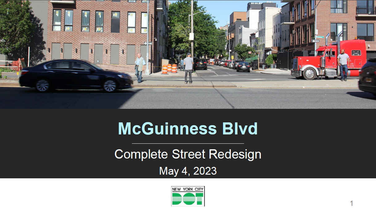 The cover photo of the presentation. Three people stand on the median at McGuinness Blvd at Freeman Street where there is not a crossing.  A dark sedan speeds by in the foreground and a red tractor trailer is parked in the middle of the street in the background.