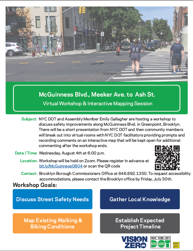 A flyer that shows the same information written below.  There is a green text box for the title and boxes with the workshop goals: Discuss Street Safety Needs, Gather Local Knowledge, Map Existing Walking & Biking Conditions, Establish Expected Project Timeline