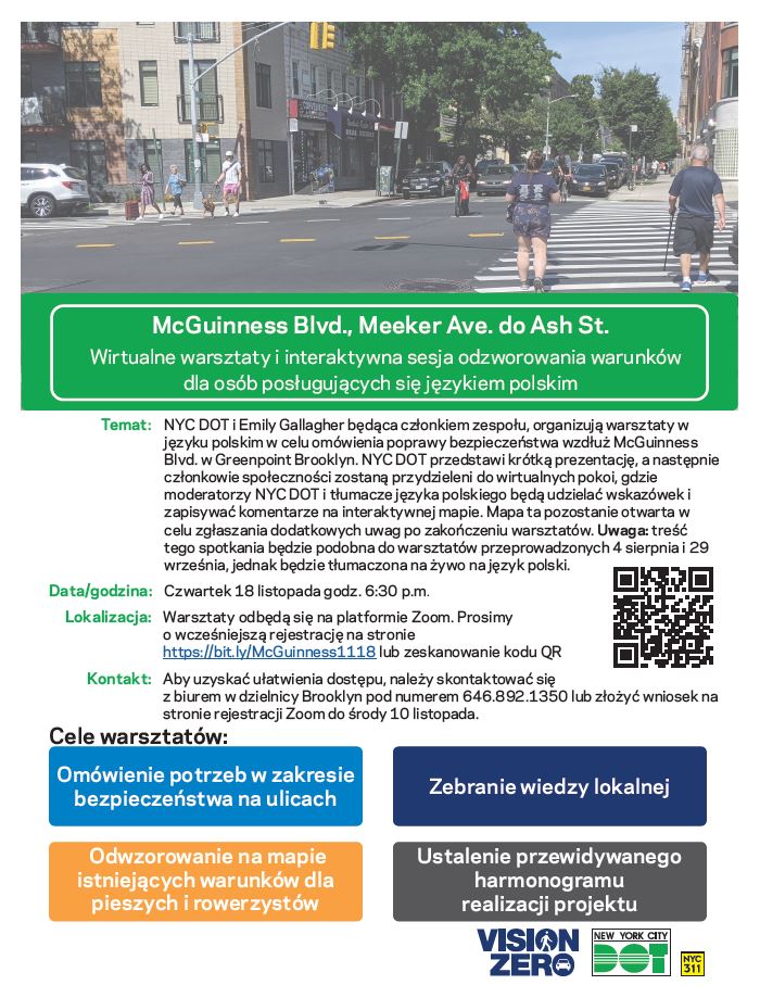 Flyer in the Polish language with the same text that is on this page.  It has an image of people crossing the street an 4 boxes that say "Discuss Street Safety Needs", "Gather Local Knowledge", "Map Existing Walking and Biking Conditions", and "Establish Expected Project Timeline"