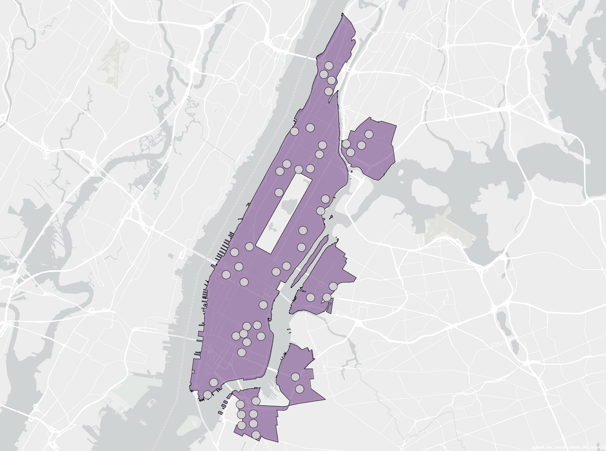 This image show a map of New York City with an outline of the project area in purple that primarily showcases most of Manhattan, South Bronx, parts of Queens, and Brooklyn, along with 50 proposed locations scattered. 