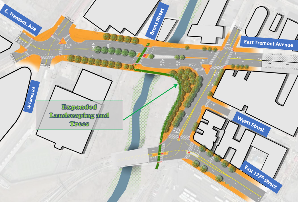 Graphic outlining proposed improvements along East Tremont Avenue and Devoe Avenue.
