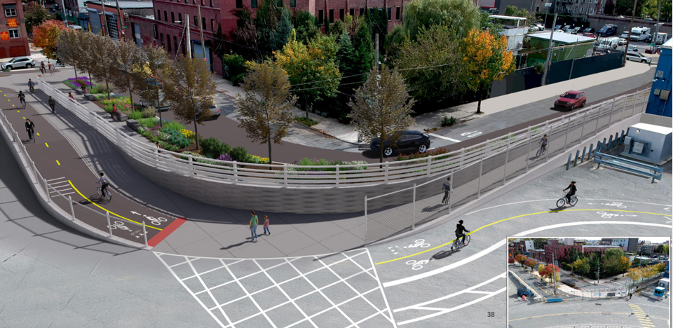 Aerial rendering of two-way greenway along Pioneer and Conover Streets.