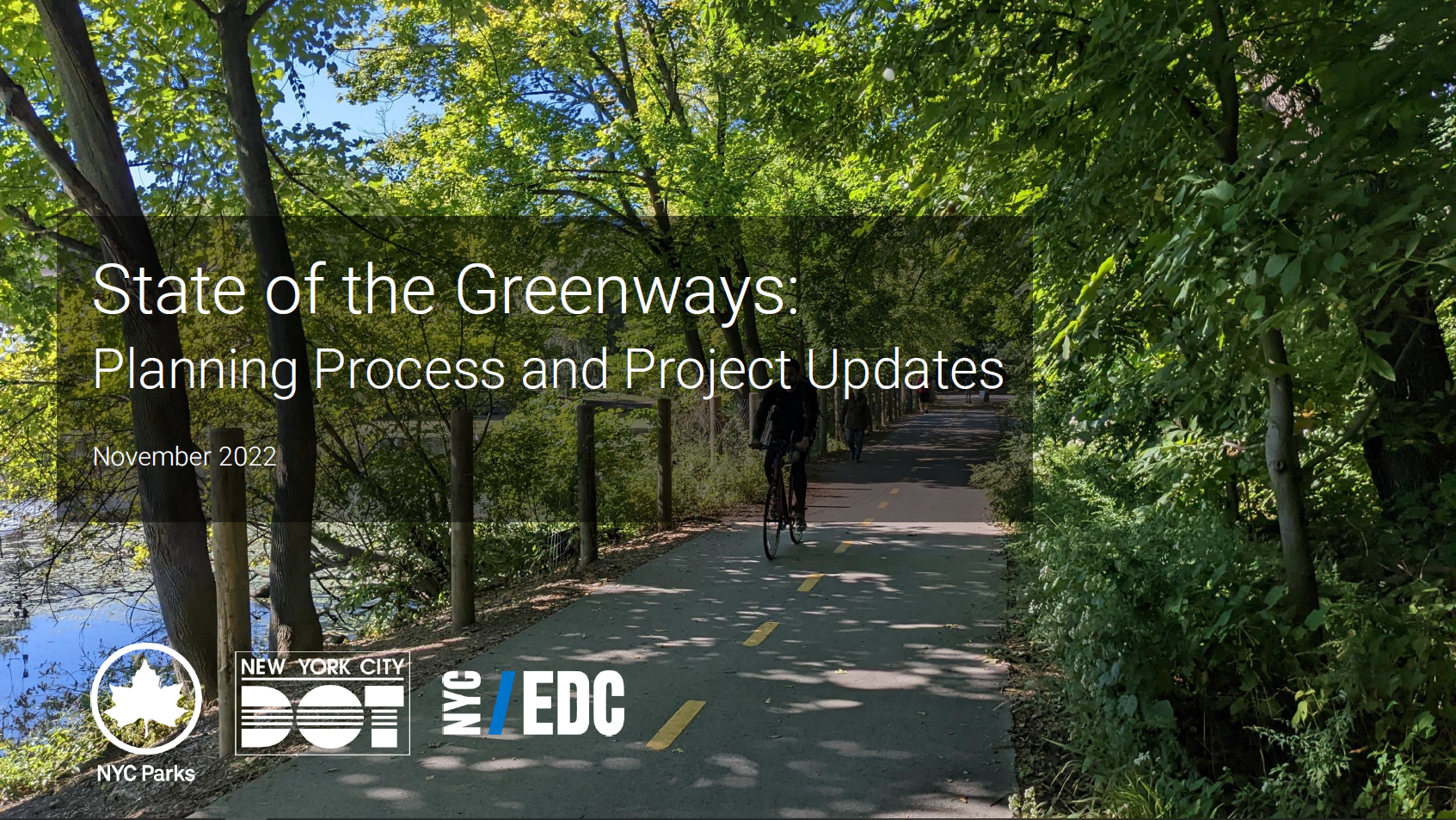 A slide onscreen as part of webinar. The title reads: State of the Greenways Planning Process and Project Updates. November 2022.