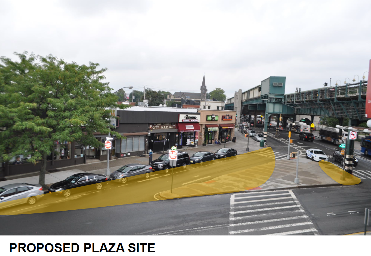 The slip lane on E Tremont and Westchester Ave in the Bronx is highlighted indicating it will be built out as part of the proposed plaza.