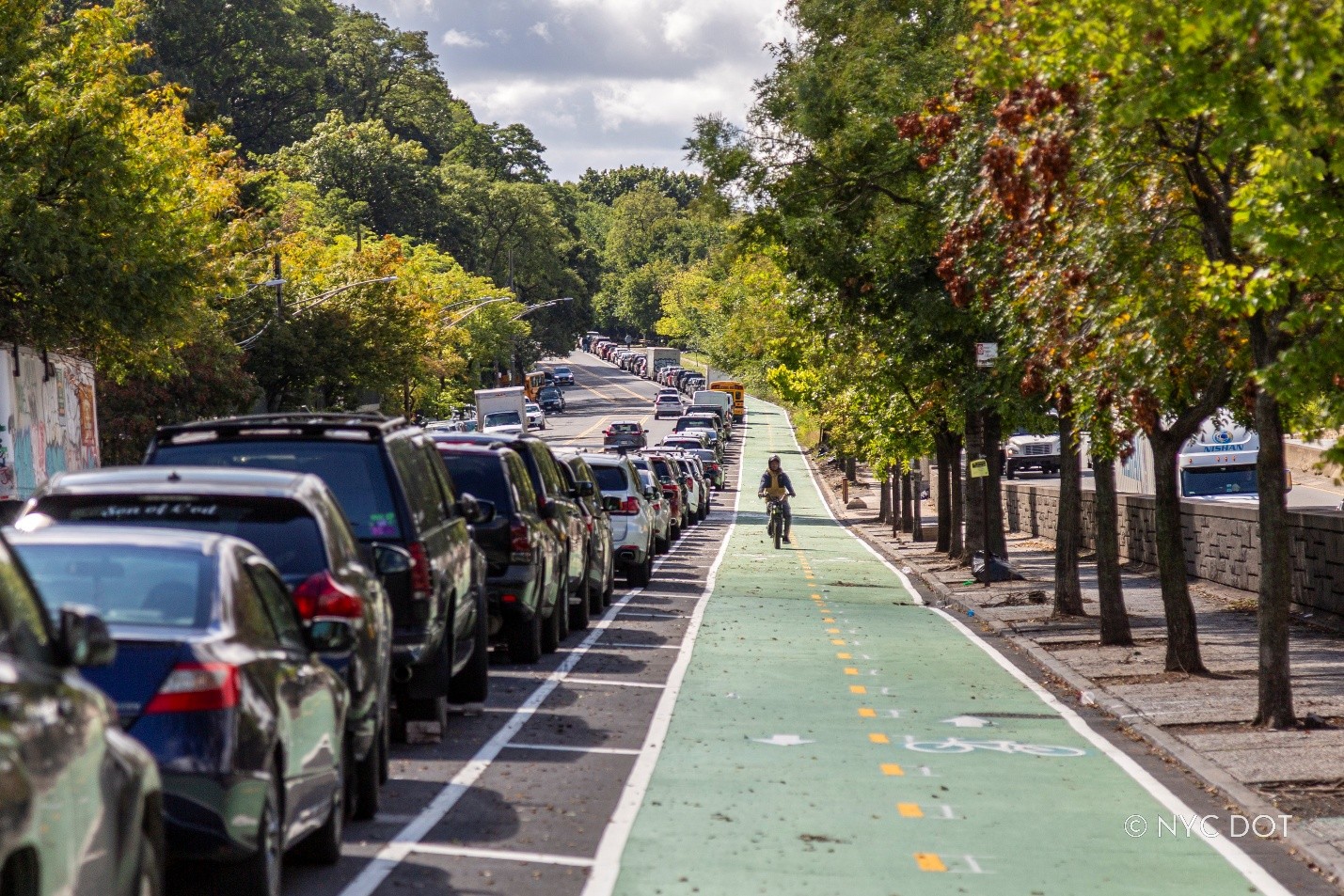 A cyclist rides a two-way protected bike lane on Bailey Ave in the Bronx.