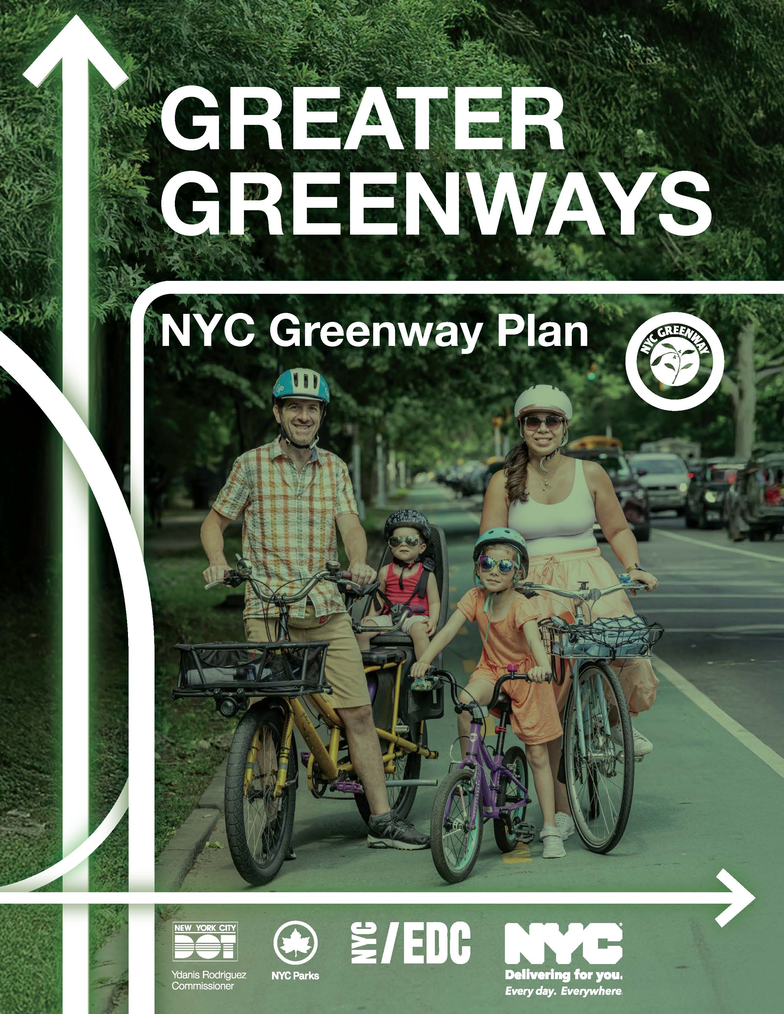 Greater greenways report cover. Image of family cycling on greenway.