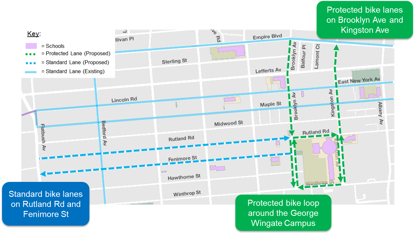 Map of proposed bike lanes on Brooklyn Ave, Kingston Ave, Rutland Rd, and Fenimore St.