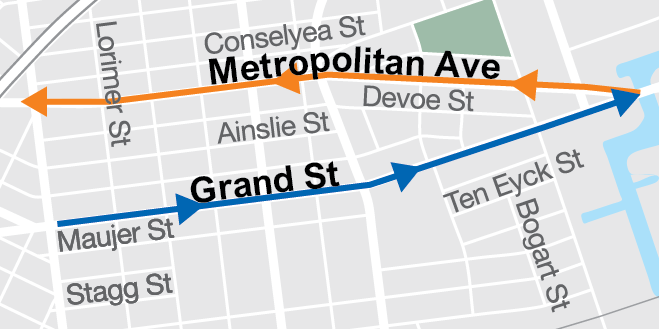 Close-up map of the Grand Street and Metropolitan Avenue study area