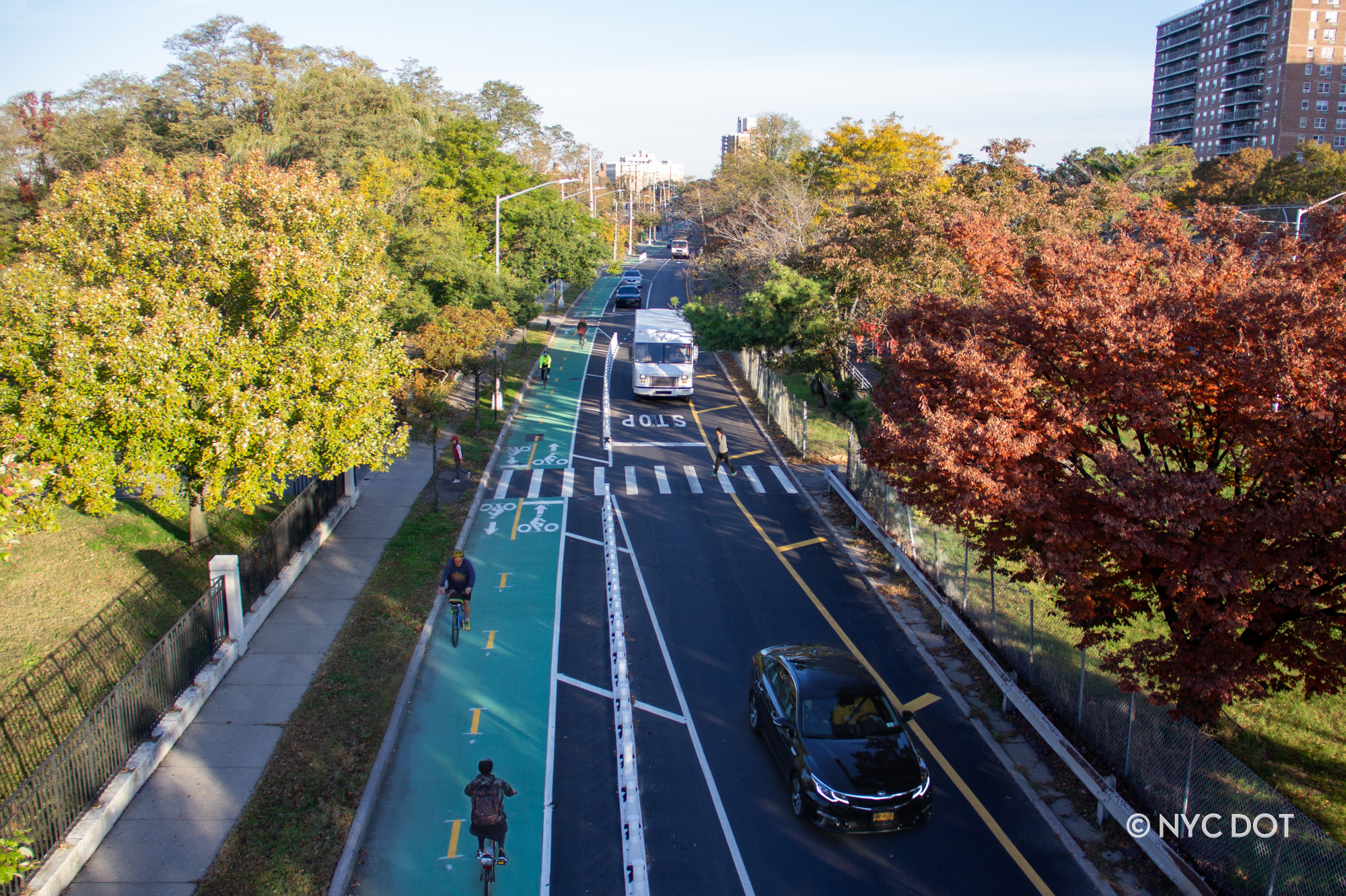 On a fall day, cyclists ride on Shore Parkway in a green bike path separated from trucks and cars. A pedestrian crosses at a crosswalk mid-shot.