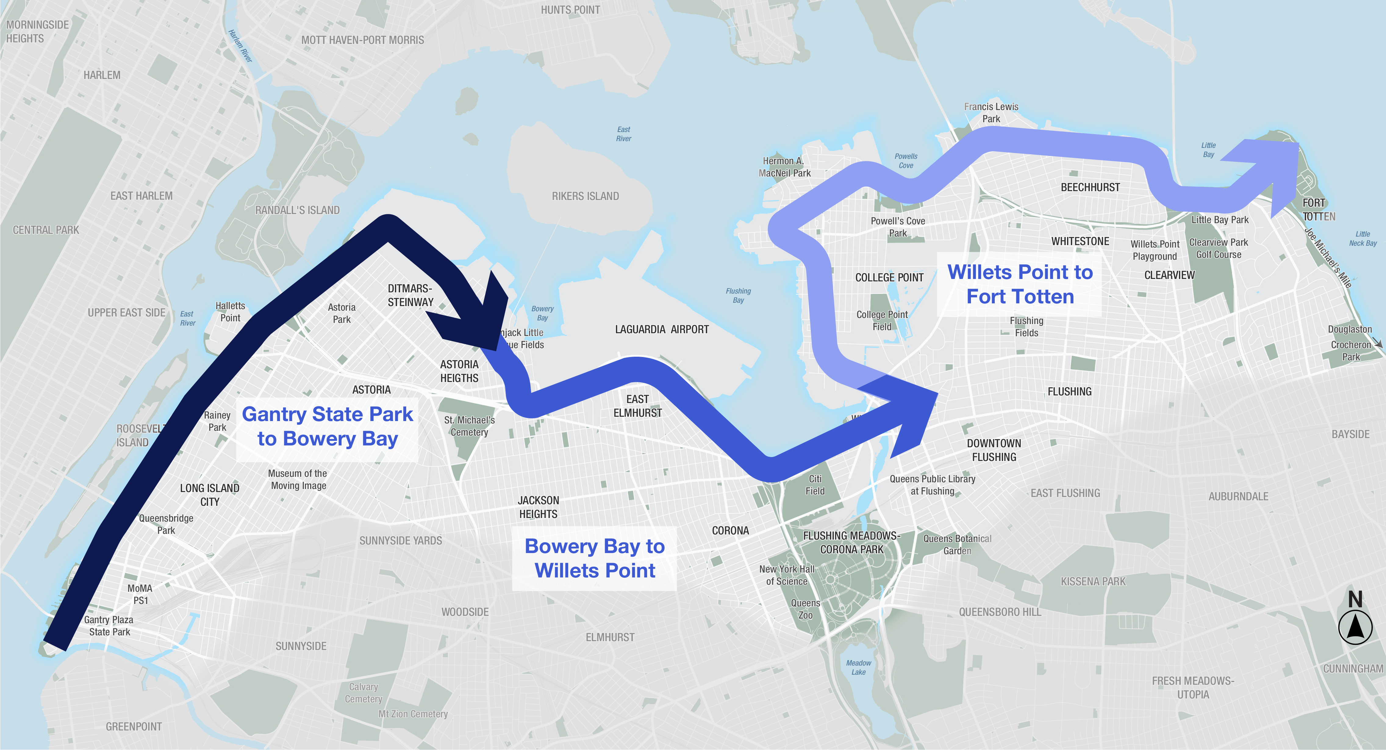 Map of Queens Waterfront Greenway geographic sections: (1) Gantry Plaza State Park to Bowery Bay, (2) Bowery Bay to Willets Point, and (3) Willets Point to Fort Totten.