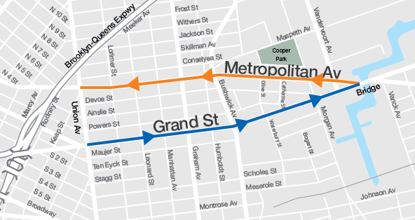 One-way conversion study area map shows streets surrounding Grand St and Metropolitan Ave from Union Ave to Metropolitan Ave Bridge.