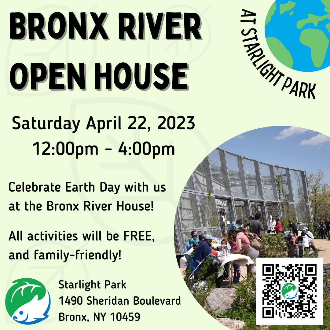 A colorful flyer for Bronx River Open House 2023 shows community tabling activity with plants on a sunny day.