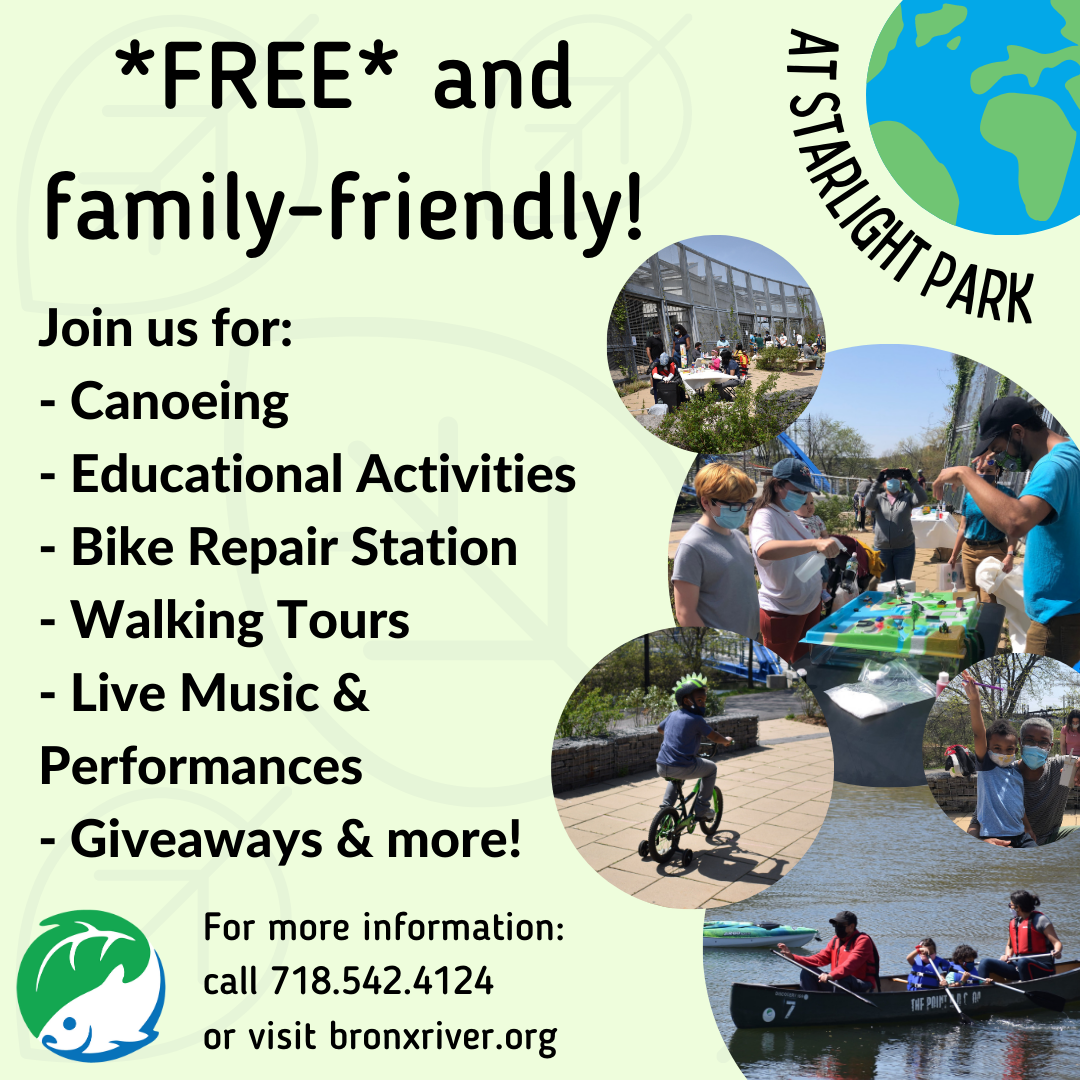 An event flyer features photos of kids and outdoor family-friendly activities including bike rides, dioramas and canoeing.