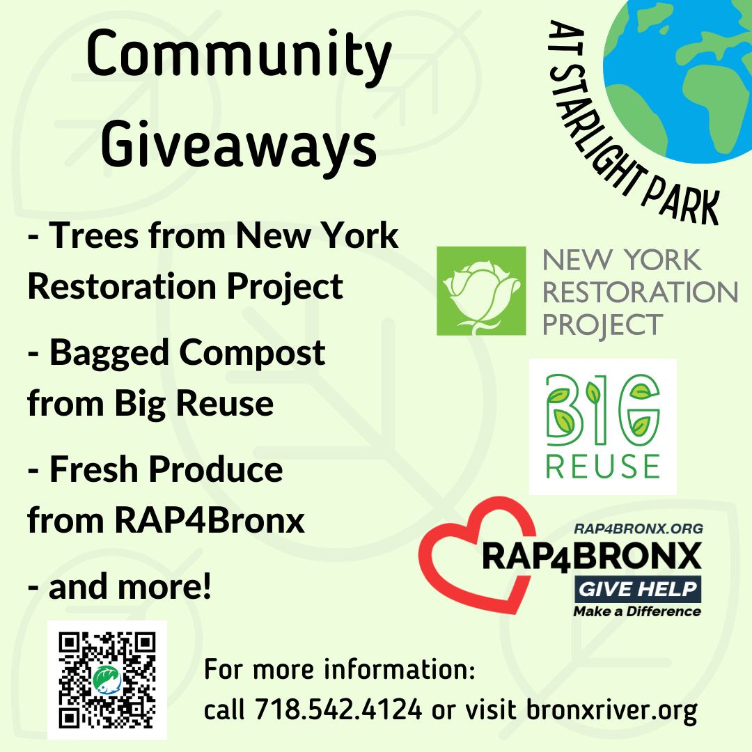 Community giveaways are featured on a flyer along with logos for New York Restoration Project, Big Reuse, and Rap4Bronx.