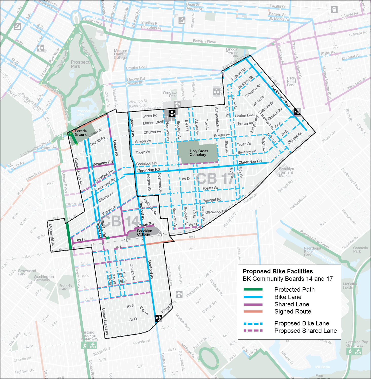 Map of Project Focus Area showing boundaries of Brooklyn Community Districts 14 and 17 with existing and proposed bike lanes. 