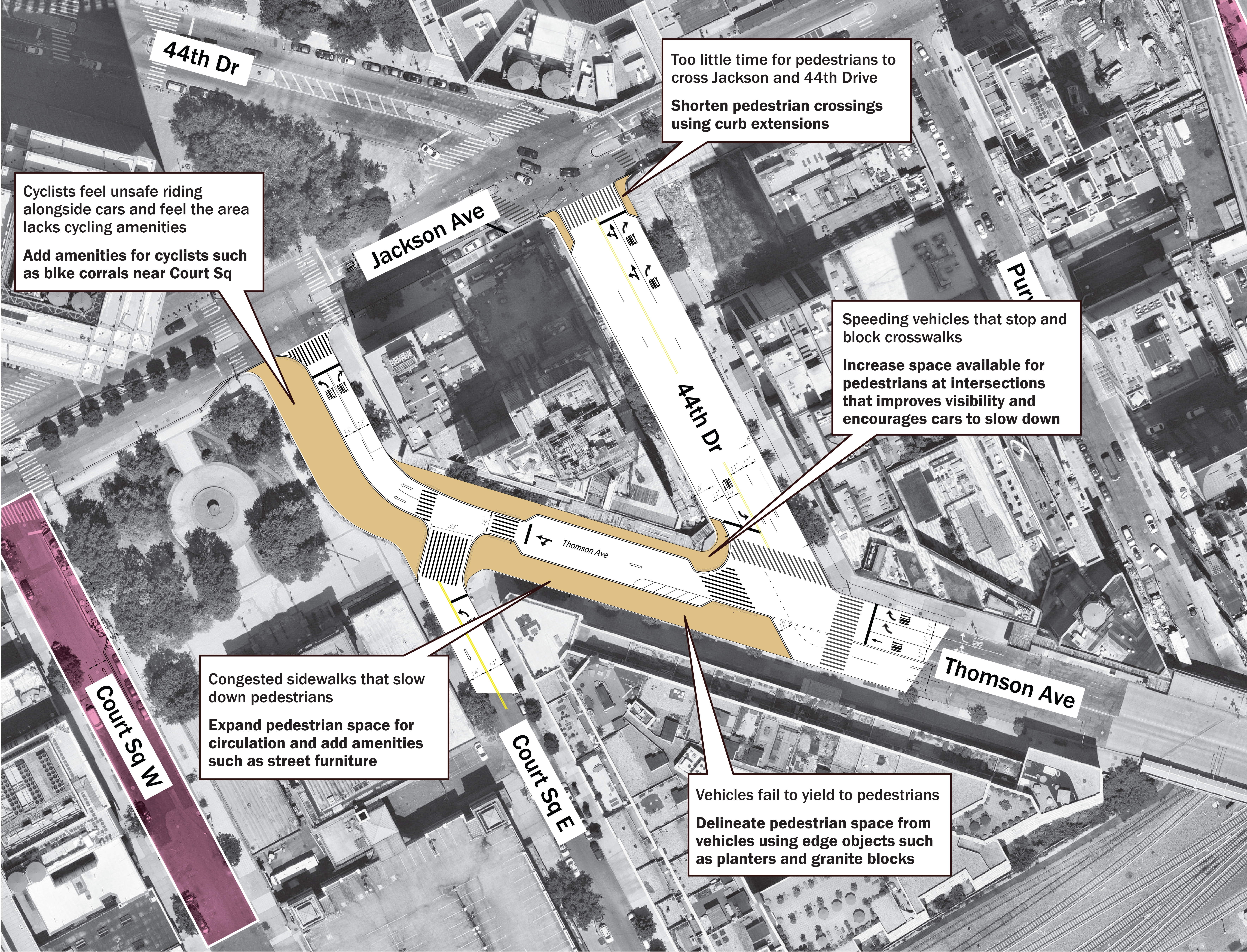 Map showing the current design idea for Thomson Avenue with call-out bubbles that identify concerns raised during previous engagement and an explanation of how the design addresses them.