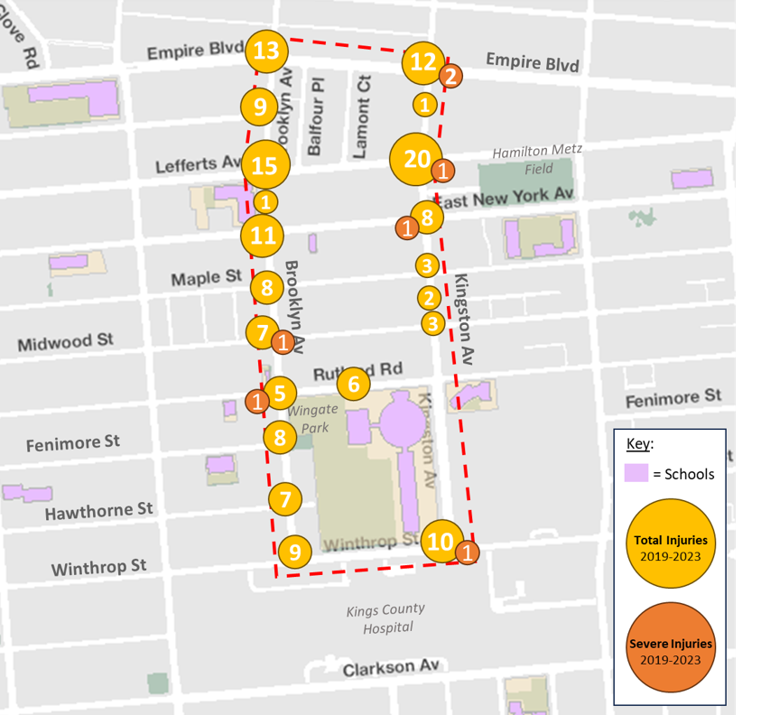 Map of traffic injuries on Brooklyn Ave and Kignston Ave between 2019 - 2023.