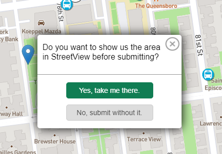 prompt asking if you want to view the Google streetview of your pin location