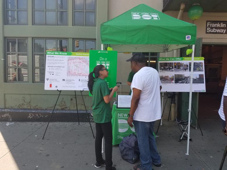 A Street Ambassador chats with a Bed Stuy resident outside the Franklin Ave Subway station. 