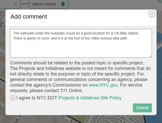 A screenshot of the example comment for the feedback portal. It reads &quot;The sidewalk under the overpass would be a good location for a Citi Bike station. There is plenty of room, and it is at the foot of the Willis Avenue bike path.&quot;