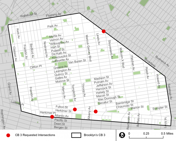 A map highlighting the intersections Brooklyn's CB wanted DOT to improve. 