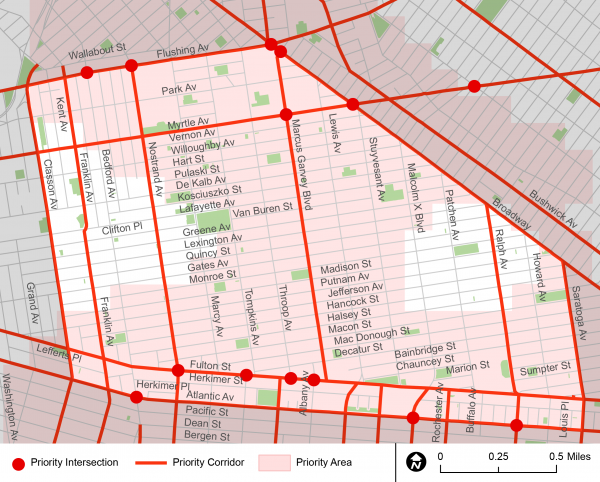 A diagram showing the different &quot;Vision Zero&quot; priority districts located in Bed-Stuy. Included in the diagram are priority intersections, corridors and areas. 