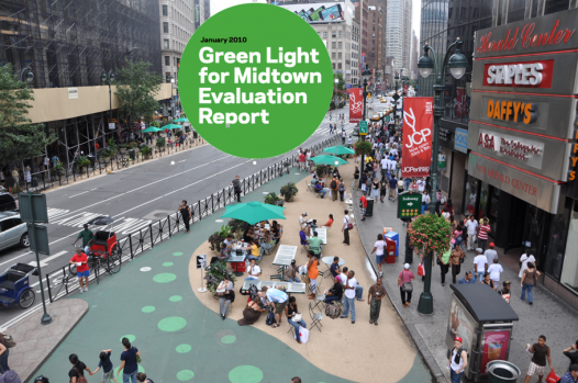 An image of Herald and Greeley Squares circa 2010. A green circle in the top center reads January 2010 Green Light for Midtown Evaluation Report.