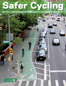 Cover for the &quot;Safer Cycling&quot; report. In it, there's an aerial image of Hester &amp; Chrystie Streets, focusing on the two-way bike lane. 