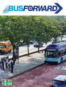 Cover for &quot;Bus Forward&quot; report. It depicts people waiting for the Bx6 Select Bus Service. 