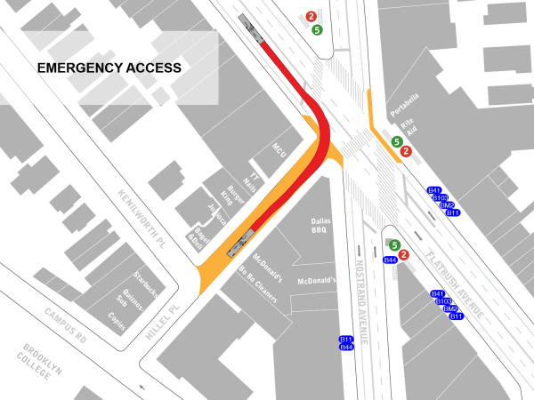 A diagram showing a fire lane in red. A fire lane is made in a plaza to ensure that the plaza can be used in case of emergency.