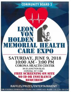 CB3 Health Fair, Saturday, June 9, 2018 at Corona Health Center