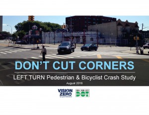 Cover slide for &quot;Don't cut corners&quot; report. It shows a turning vehicle yielding to a pedestrian in the crosswalk