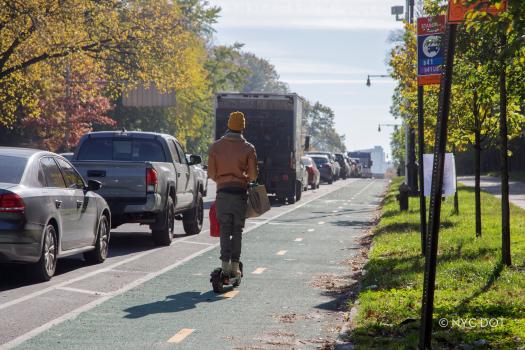 Person riding on scooter within a protected bike lane adjacent to a park. 