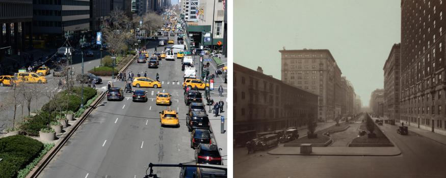 A view of Park Avenue from before 1927 with a park like space in the median compared to a view today with just plantings