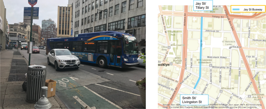 A photo of a bus, parked cars, and a bicycle lane on Jay Street, and a map of the Jay Street busway extents: from the intersection of Jay Street and Tillary Street to the intersection of Smith Street and Livingston Street.