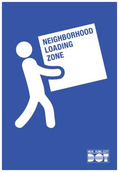 Neighborhood Loading Zone Logo, illustration of a person carrying a large box with words neighborhood loading zones written on it
