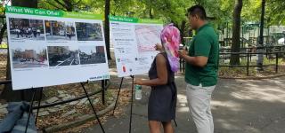 A Street Ambassador and Bed Stuy resident discuss transportation safety issues in Herbert Von King Park. 