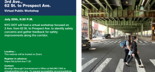 Flyer advertising 3rd Ave Safety Improvement virtual public workshop, July 20th at 6:30 pm