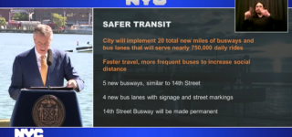 Screen capture of Mayor de Blasio's June 8, 2020 broadcasted press conference announcing the Better Buses Restart