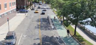 Aerial image of two-way bike lane on Vernon Boulevard from 8th Street to 45th Road.