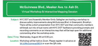 A flyer that shows the same information written below.  There is a green text box for the title and boxes with the workshop goals: Discuss Street Safety Needs, Gather Local Knowledge, Map Existing Walking & Biking Conditions, Establish Expected Project Timeline