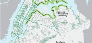 Map of New York City highlighting new greenway corridors to be developed in the Bronx, Queens, Brooklyn, and Staten Island.